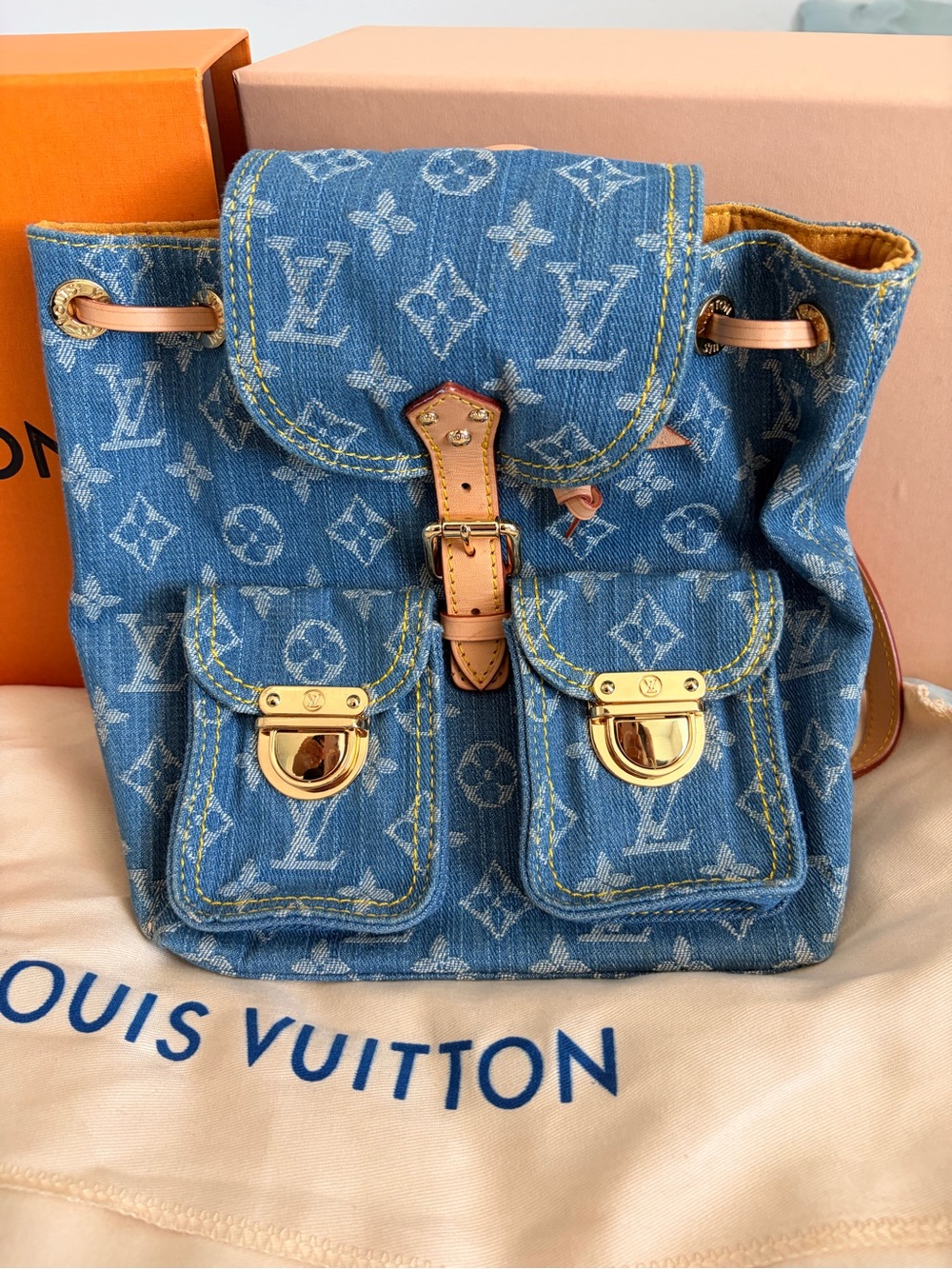 Louis Vuitton Denim Monogram Blue Backpack with Gold Hardware